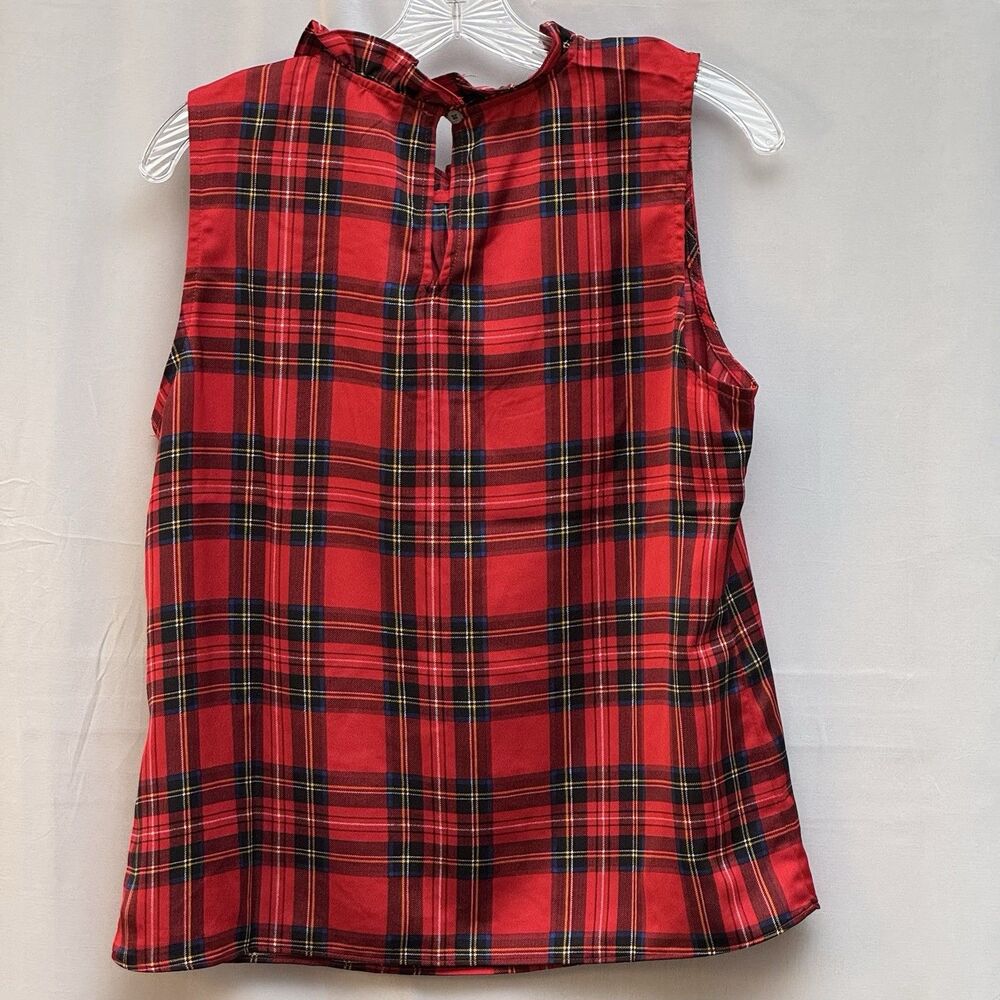 J.Crew Womens M Red Tartan Plaid Ruffle Neck Black Bow Sleeveless Holiday Top